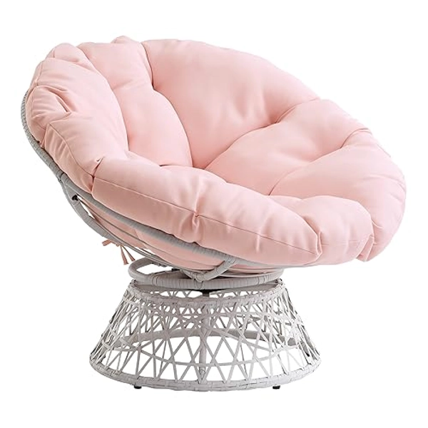 OSP Home Furnishings Wicker Papasan Chair with 360-Degree Swivel, Cream Frame with Pink Cushion