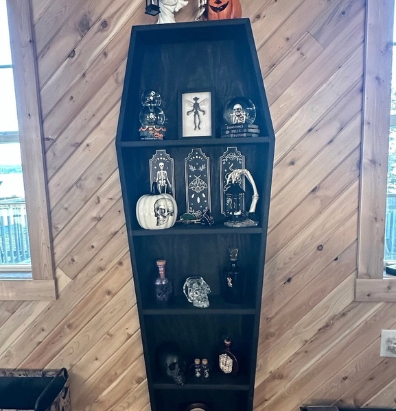 5 foot coffin bookshelf, goth, spooky, home decor, bookcase, mystic, gothic, life size, gift, halloween, wooden, vampire
