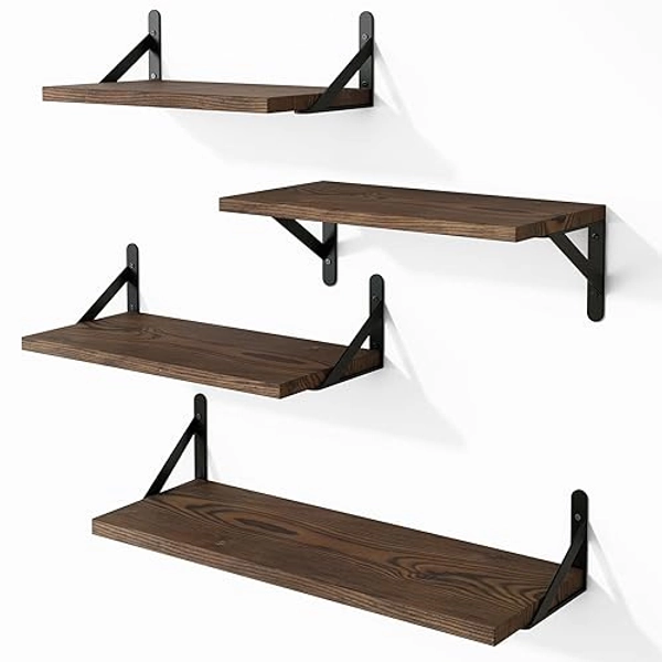 YGEOMER Floating Shelves for Wall, Dark Carbonized Pine Wall Shelves Different Sizes, Wall Mounted Wood Shelf for Living Room, Bathroom, Bedroom, Kitchen, Home Decor (Set of 4)
