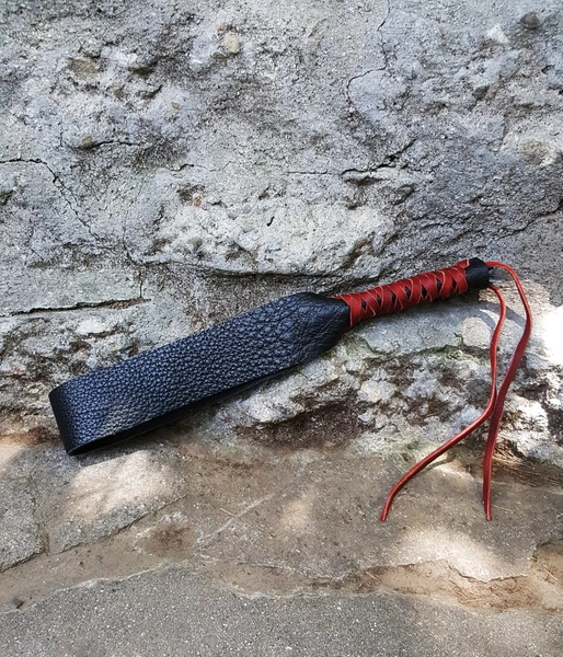 Black BDSM Spanking Paddle, Handmade Discipline Strap with Red Lacing. Water Buffalo Leather adult toy for impact play. &quot;The Classic&quot;