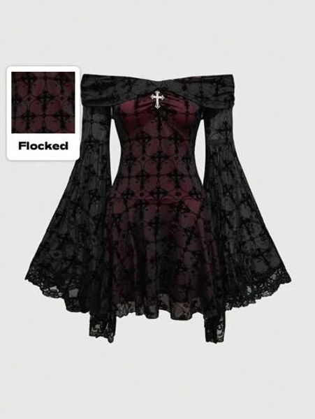 ROMWE Goth Romantic Vintage Palace Gothic Cross Flocked Strap Midi Dress, For New Year