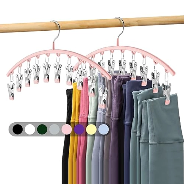 Legging Organizer for Closet, Metal Yoga Pants Hangers 2 Pack w/10 Clips Holds 20 Leggings, Space Saving Hanging Closet Organizer w/Rubber Coated Closet Organizers and Storage, Pink
