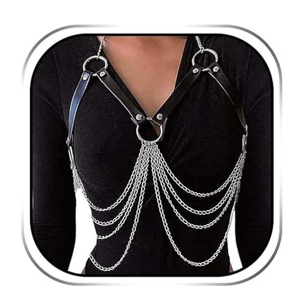 Reetan Punk Layered Chest Chains Silver Leather Body Chains Ring Rave Party Nightclub Body Jewelry Accessories for Women