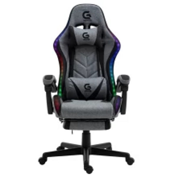 Scaun gaming cu masaj în perna lombară, sistem iluminare bandă LED RGB, suport picioare, material textil, Gri/Negru - TopScaune