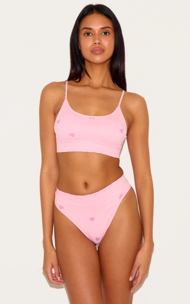 Pink Heart Print Ribbed Thong