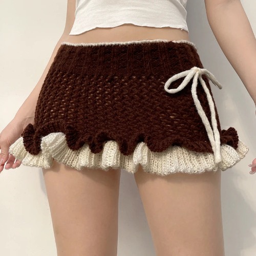 Brown Cute & Cosy Knitted Pom Pom Mini Skirt - Brown / S