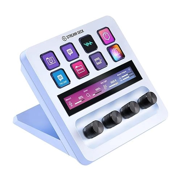 Elgato Stream Deck + White, mezclador de audio, controlador de directo y estudio para streaming, juegos, con banda táctil, diales, teclas LCD personalizables, funciona con Mac, PC