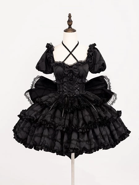 [$107.25]Black Princess Corset Waist Dress Ruffle Skirt Lolita OP with Big Bow at Back