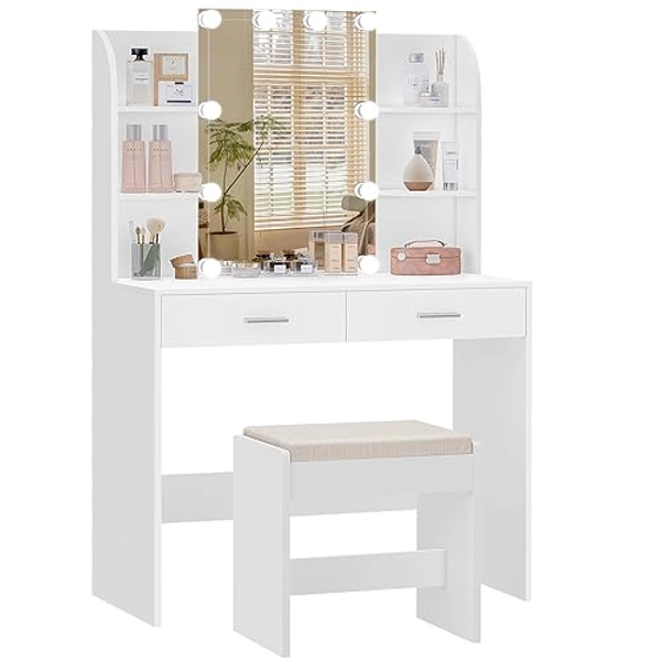 FIONESO Vanity Desk with Mirror & Lights, Makeup Vanity Table with 2 Large Drawers, 6 Storage Shelves & Stool, Bedroom Dressing Vanity Table with 3 Color Light Adjustable, White