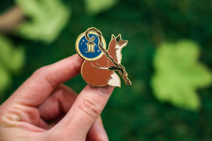 The Lantern and Staff Fantasy Fox Enamel Pin Accessory