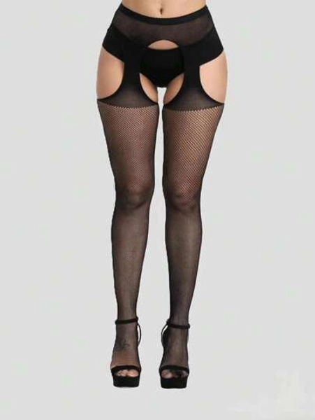 1pc Black Open Crotch Suspender Fishnet Stocking Sexy Bodystocking, Anti-Slip Summer Temptation (Panties Not Included)