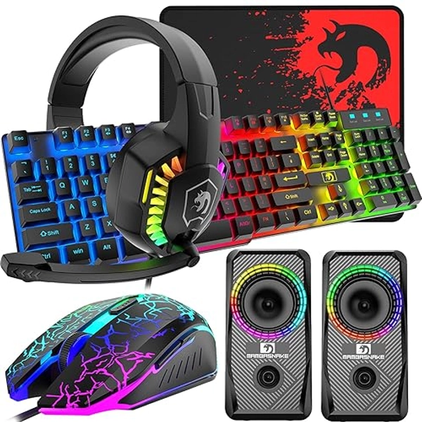Wired 104 Keys Gaming Keyboard Mouse 3D Stereo Gaming Headset Combo with Multi RGB Backlight Ergonomic Adjustable Mic 2400DPI Mice Large Mousepad Waterproof for PC Mac Gamer Office Typist (5in1Black)