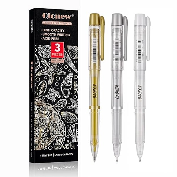 Qionew 3 Colors Gel Pen Set - White, Gold and Silver .1mm Fine Point Pens Gel Ink Pens Opaque Archival Ink Pens for Black Paper Drawing, Sketching, Illustration, Card Making, Bullet Journaling