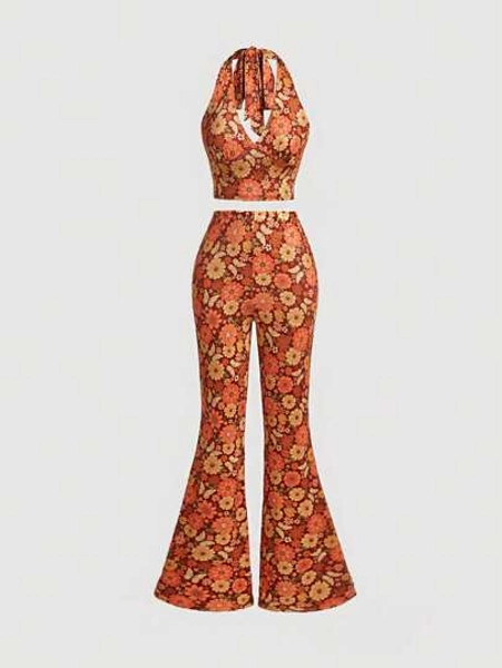 SHEIN MOD Floral Print Tie Backless Halter Top & Flare Leg Pants