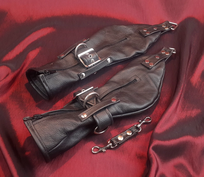 Hand restraint Mitten set with Black leather wrist belts.