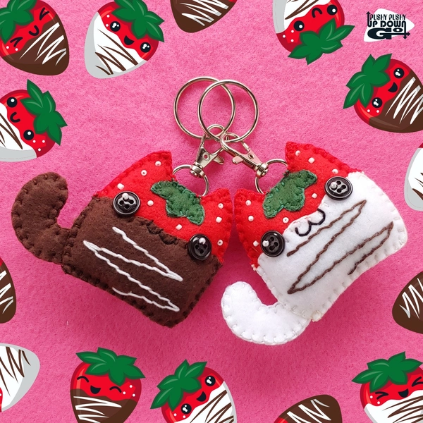 Kawaii Dark/White Chocolate Strawberry Cat Plush Keychain & Bag Charm Pair - 3&quot; tall x 4&quot; wide each