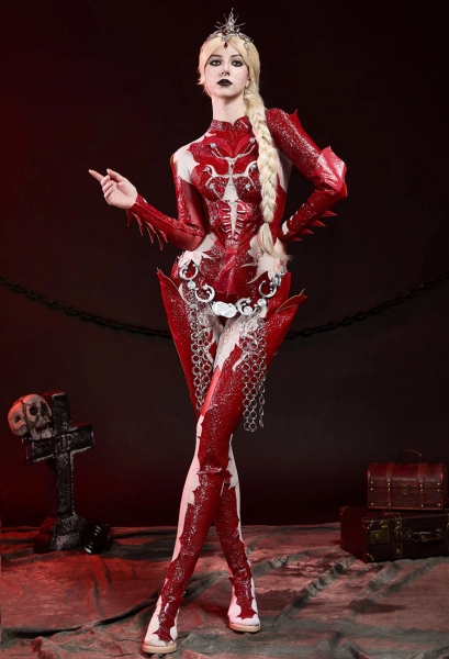 Baldurs Gate Orin Cosplay Costume Red Suit and Hand Accessory and Waist Chain