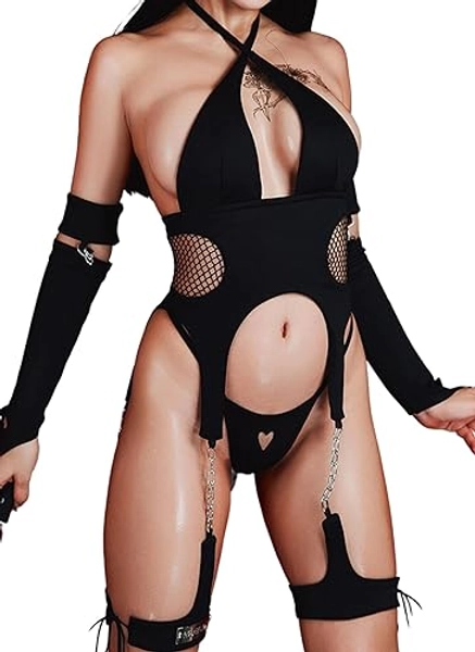 MOEFLAVOR Onyx Cosplay Lingerie for Women - 4 Piece Set Padded and Double Lined - Black Bodysuit - Sexy Anime Cosplay Outfits