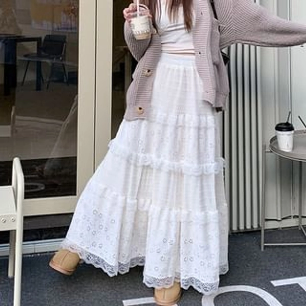High Waist Plain Lace Panel Maxi A-Line Skirt