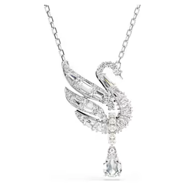 Swan pendant, Swan, White, Rhodium plated