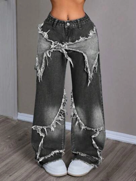 SHEIN EZwear Women's Patchwork Fringe Wide Leg Loose Casual Denim Pants
