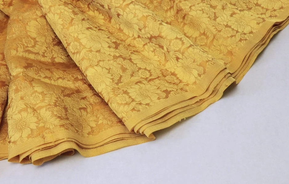 Mustard yellow brocade fabric with cosmos flower - 50cm, brocade fabrics, mustard yellow brocade, mustard yellow silk, mustard yellow jacquard, silk
