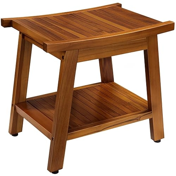 TEAKMAMA 21 Inch Teak Shower Bench with Storage Shelf and Handles, Teak Wood Shower Stool Waterproof Bath Chair for Indoor and Outdoor Use, Bathroom Stools for Adults Sitting