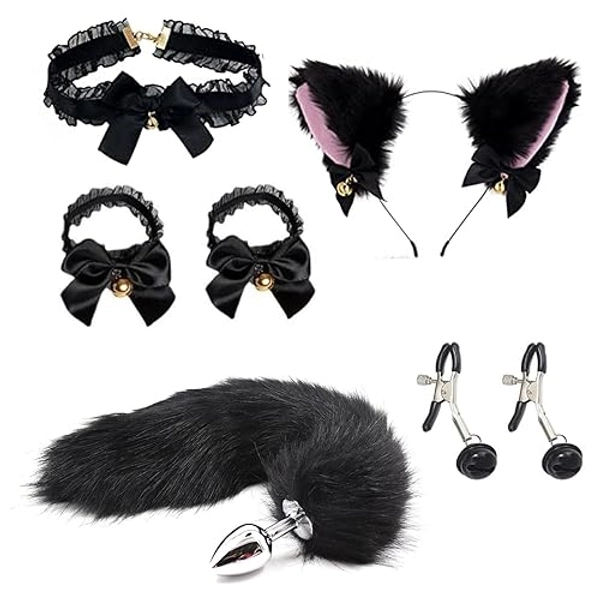 Fox Tail Anal Plug Collar and Nipple Clamps Cat Ears Butt Plug Stainless Steel Anal Plug with Tail for Women Costume Cosplay Butt Plug Tail Butt Plug with Tail