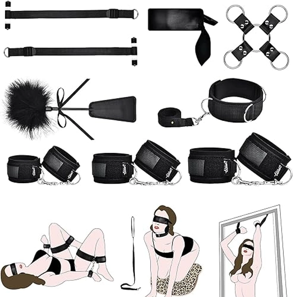 UTIMI Sex Bondage BDSM Kit Restraints - 9PCS Sets with Adjustable Handcuffs Collar Ankle Cuff Blindfold Feather Tickler Adult Games Toys for Men Women and Couples