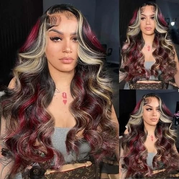 UNICE  Skunk Stripe Wigs Black Red Blonde Highlights 13x4 Transparent Lace Front Wigs Human Hair Body Wave Brazilian Glueless Frontal Wig Pre Plucked with Baby Hair 150% Density 24 inch