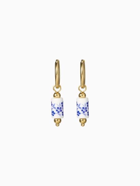 FLORAL 18K GOLD PLATED STAINLESS STEEL PORCELAIN DROP EARRINGS