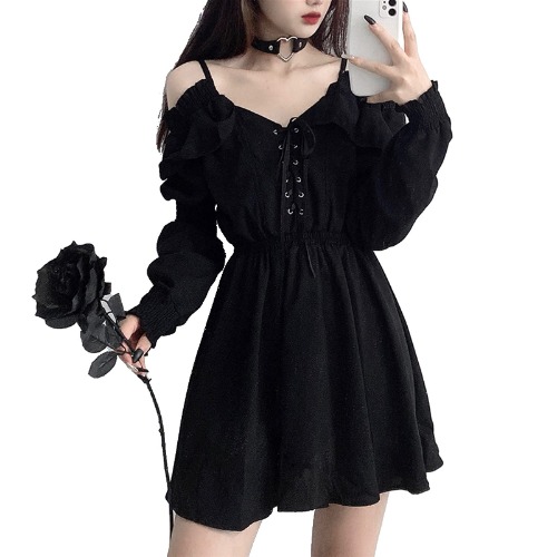Mfacl Niedliche Lolita Kleid Rock Sommerkleider Frauen Kleid Plus Größe Lace Up Schwarz Herbst Sexy Hohe Taille Femme Kleider aus Schulter Langarm Gothic Kleidung (Color : Black, Size : M) - M - Schwarz
