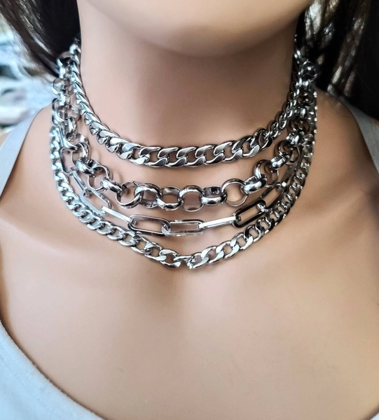 Silver Layered Chain Gothic Punk Choker Necklace Set | A Handmade aesthetic statement necklace gift for her