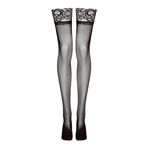 Lovehoney Lingerie Women's Black Sheer Hold Up Stockings - Soft Nylon with Floral Lace Tops and Silicone Strips - One Size: 6-16 - 6-16 - Black