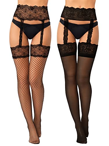 2 Pairs Women Suspender Tights Fishnet Lace Patterned Garter Stockings Thigh High Floral Garter Tights for Women Girls - One Size - Black