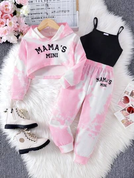 Young Girl 3pcs Streetwear Tie-Dye Print Hoodie, Tank Top, Pants Set, Fall/Winter