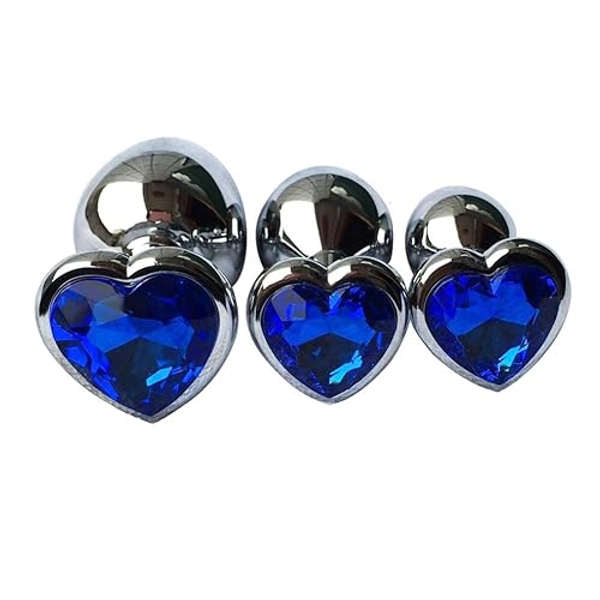3Pcs Set Luxury Metal Butt Toys Heart Shaped Anal Trainer Jewel Butt Plug Kit S&M Adult Gay Anal Plugs Woman Men Sex Gifts Things for Beginners Couples Large/Medium/Small,Blue