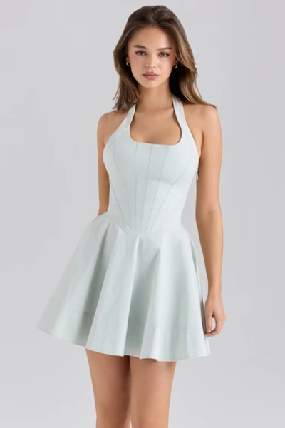 Sasha Pistachio Stretch Cotton Halter Neck Mini Dress