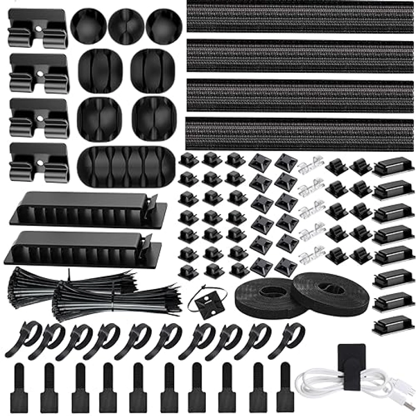 [313Pcs] Cable Management Kit, 67 Adhesive Cable Clips, Topavatop Desk Cord Organizer, 22 Reusable Cable Strap, 4 Cable Sleeve Split, 200 Nylon Cable Zip Ties with 20 Mounts for TV Office Home, Black