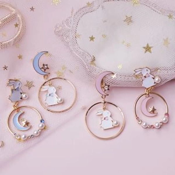 Asymmetrical Rabbit Moon Drop Earring