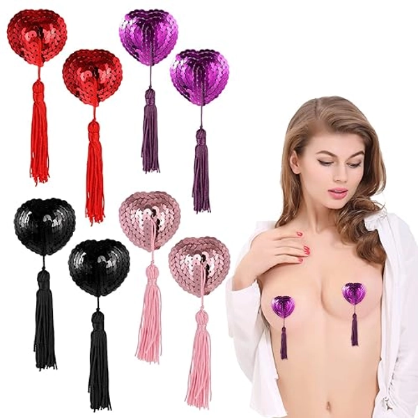 Xinjieda Reusable Adhesive Nipple Covers, Shiny Sequin Heart-Shaped Nipple Stickers with Tassel, 10 cm, Black