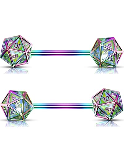 OUFER 2PCS Icosahedron Dice Nipple Rings, 14G 316L Surgical Steel Nipple Barbells, Nipple Jewelry for Women - Rainbow