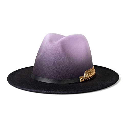 Gossifan Women Gradient Color Fedora Wide Brim Felt Panama Hat with Belt Buckle - Purple/Black - Medium