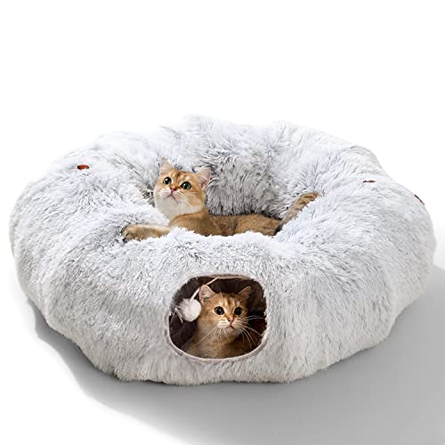 HIPIPET Plush Cat Tunnel with Cat Bed for Indoor Cats,Multifunctional Cat Toys for Small Medium Large Cat. - Grey