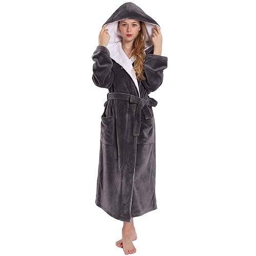 Seakanana Women's Large Hooded Long Bathrobe with Chest Button,Lightweight Fleece Soft House coat - Large - Grey