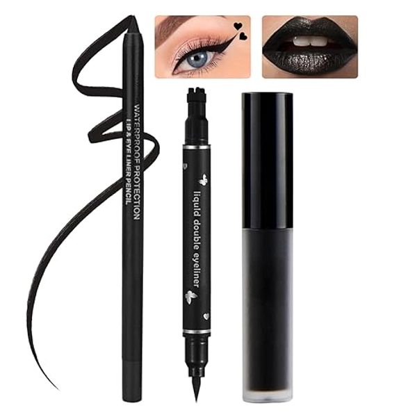 CAHIUYOA 3PCS Black Matte Lipstick Lip Liner Pencil and Black Liquid Eyeliner Stamp Set,Black Liquid Lipstick Lip Gloss Long Lasting Smudge Proof Black Lip Stain for Halloween Cosplay Goth Makeup