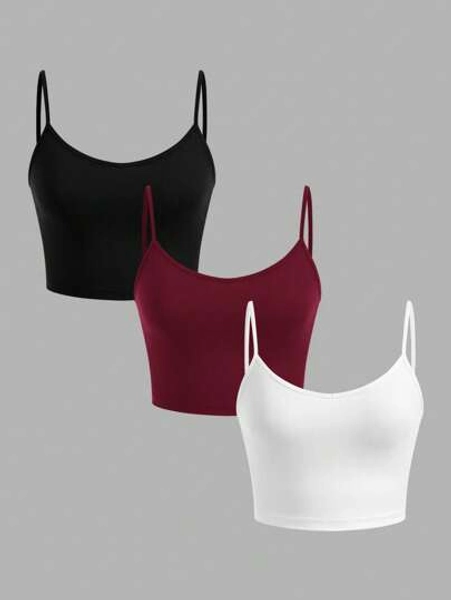 SHEIN EZwear 3pcs Women Slim-Fit Short Camisole Tops, Suitable For Summer