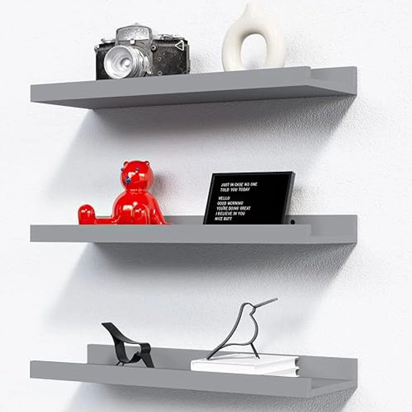 RICHER HOUSE 3 Set Floating Shelves for Wall, Black Wall Mounted Shelves with Lip for Storage, Display Picture Ledge Shelf for Bedroom Bathroom Kitchen Living Room Wall Decor, Modern Grey