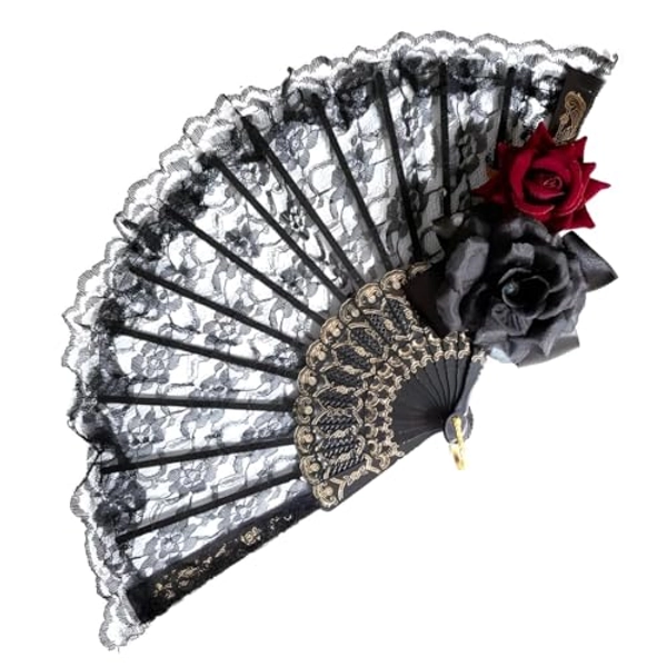 Halloween Black Hand Fan Lace Rose Handheld, Vintage Retro Flower Spanish Large Folding Fan for Women Girls Halloween Party Cosplay Costume Photo Props, Party Performance, Dance, Decorations, Gift