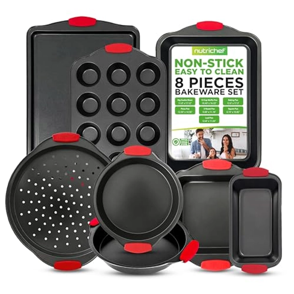 NutriChef Non-Stick Kitchen Oven Baking Pans-Deluxe & Stylish Nonstick Gray Coating Inside Outside, Commercial Grade Restaurant Quality Metal Bakeware with Red Silicone Handles NCSBS8S, 8 Piece Set